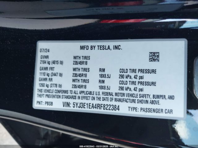 5YJ3E1EA4RF822384 Tesla Model 3 Long Range Dual Motor All-wheel Drive/rear-wheel Drive