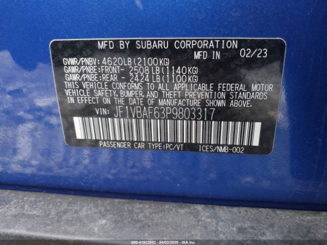 JF1VBAF63P9803317 Subaru Wrx Premium