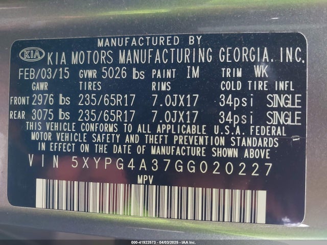 5XYPG4A37GG020227 KIA Sorento 2.4l Lx