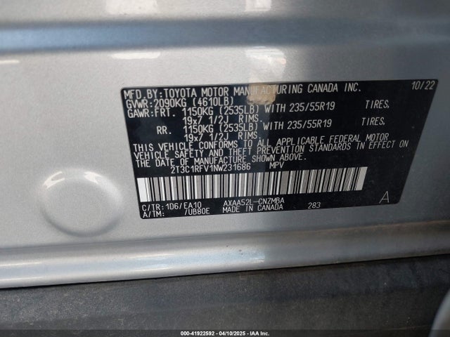 2T3C1RFV1NW231686 Toyota Rav4 Xle Premium