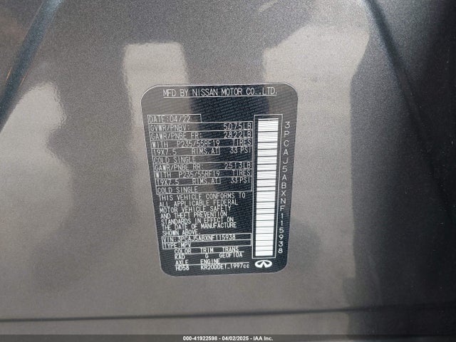 3PCAJ5ABXNF115938 Infiniti Qx50 Pure Awd