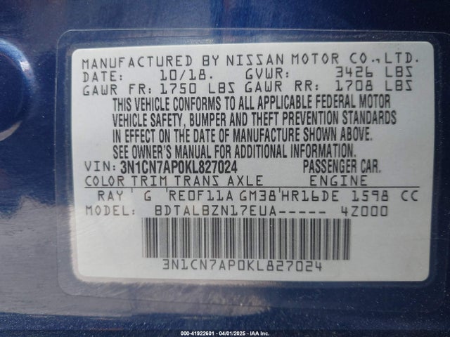 3N1CN7AP0KL827024 Nissan Versa 1.6 Sv