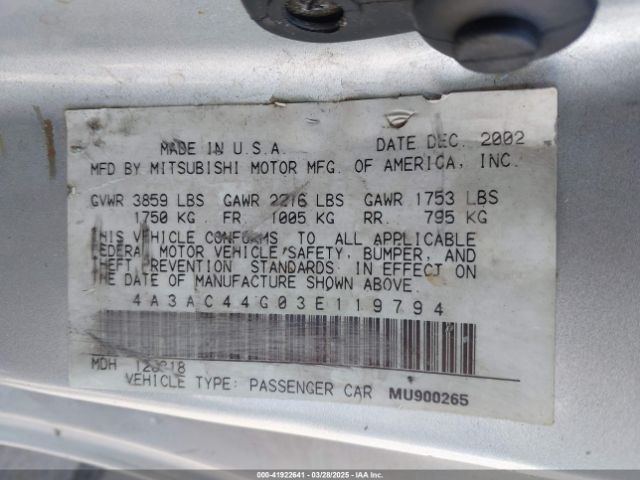 2003 MITSUBISHI ECLIPSE 4A3AC44G03E119794 Photo 8