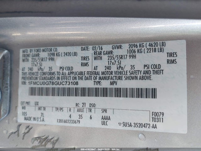 Ford ESCAPE SE 2016 1FMCU0G78GUC73108 Image 9