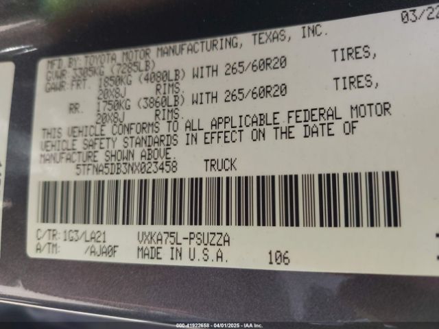 5TFNA5DB3NX023458 Toyota Tundra Platinum