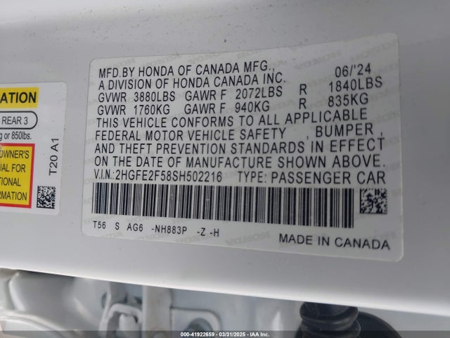 Honda k20c9 2025 2HGFE2F58SH502216 Image 9