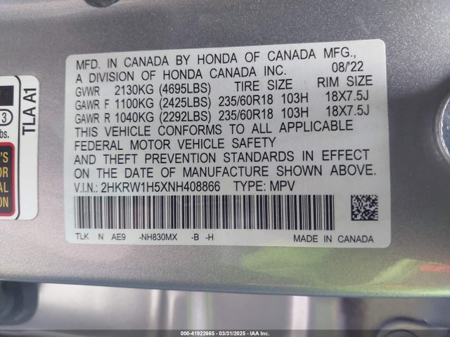 2HKRW1H5XNH408866 Honda Cr-v 2wd Ex