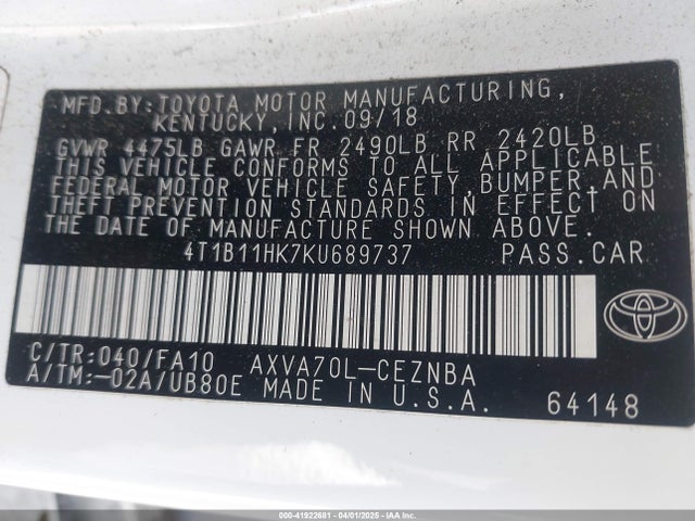4T1B11HK7KU689737 Toyota CAMRY LE