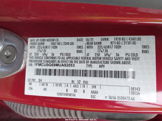 1FMCU0G69MUA92053 Ford ESCAPE SE