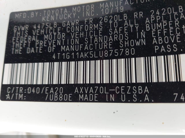 4T1G11AK5LU875780 Toyota CAMRY SE