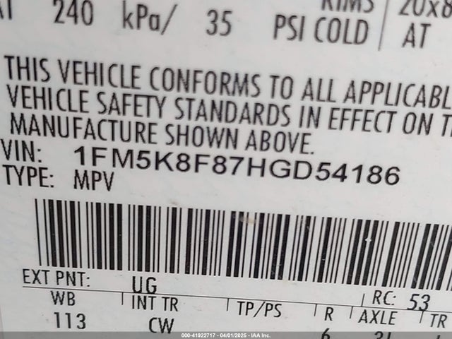 1FM5K8F87HGD54186 Ford Explorer Limited