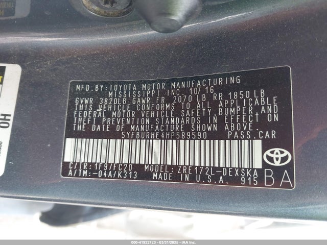 Toyota COROLLA SE 2017 5YFBURHE4HP589590 Image 9
