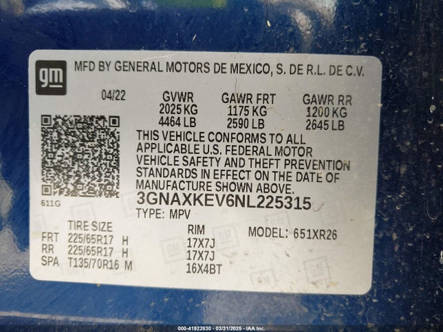 3GNAXKEV6NL225315 Chevrolet Equinox Fwd Lt