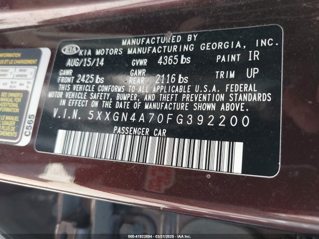 5XXGN4A70FG392200 KIA OPTIMA EX