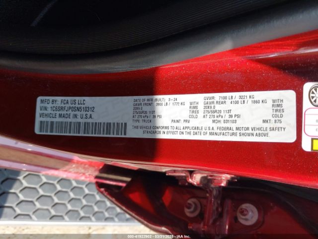 1C6SRFJP0SN510312 RAM 1500 Laramie  4x4 5'7 Box
