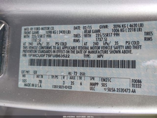 1FMCU0F75FUB63522 Ford ESCAPE S