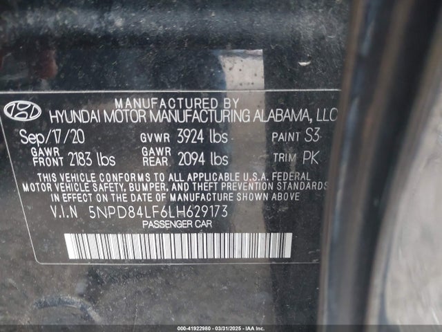 5NPD84LF6LH629173 Hyundai ELANTRA SEL