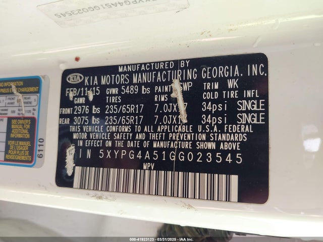5XYPG4A51GG023545 KIA Sorento 3.3l Lx