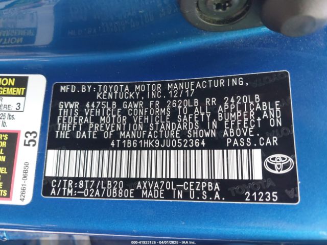 4T1B61HK9JU052364 Toyota CAMRY XSE
