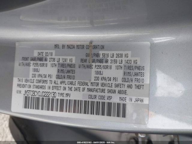 JM3TCBCY0J0222130 Mazda Cx-9 Touring
