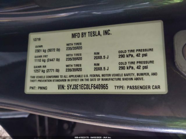 5YJ3E1EC0LF640965 Tesla 2020