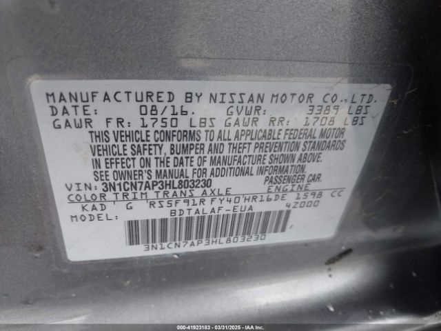 3N1CN7AP3HL803230 Nissan Versa 1.6 S