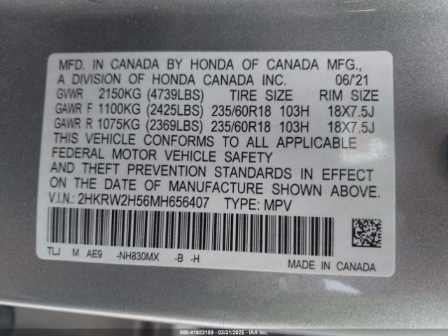 2HKRW2H56MH656407 Honda Cr-v Awd Ex