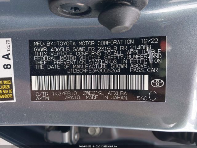 JTDBCMFE3P3006264 Toyota Corolla Hybrid Le