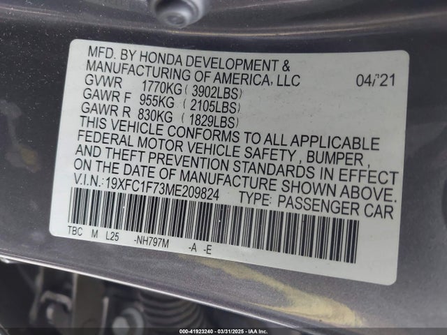 19XFC1F73ME209824 Honda Civic Ex-l