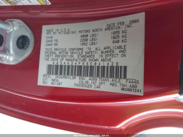 2008 MITSUBISHI ECLIPSE 4A3AK24F68E041429 Photo 8