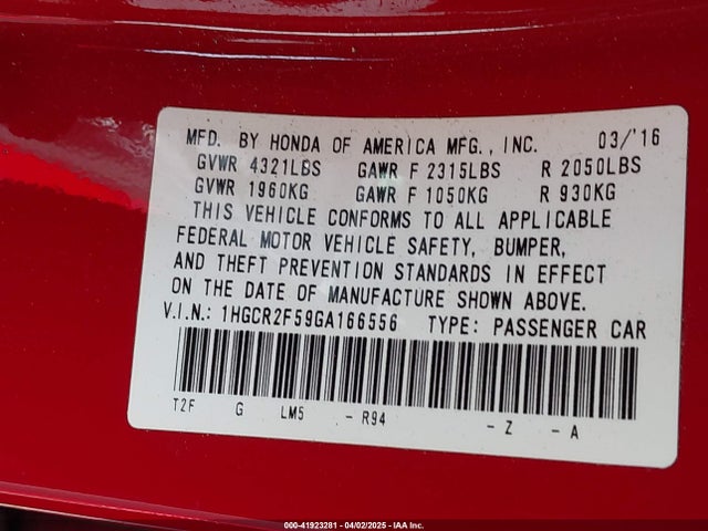 1HGCR2F59GA166556 Honda Accord Sport