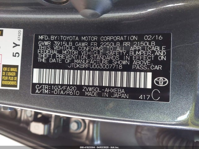 JTDKBRFU0G3007718 Toyota Prius Two