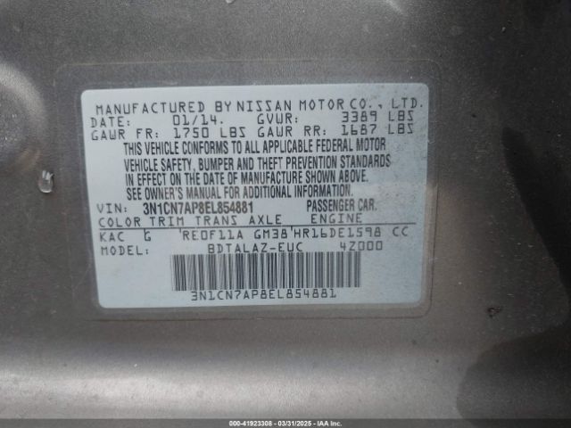 3N1CN7AP8EL854881 Nissan Versa 1.6 S+