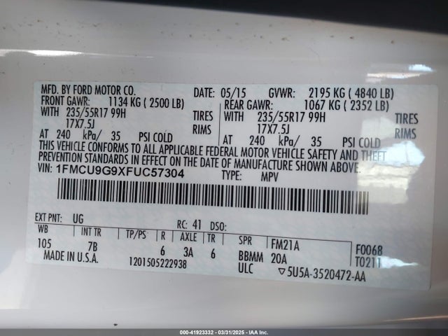 1FMCU9G9XFUC57304 Ford 2015