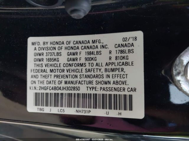 2HGFC4B04JH302850 Honda Civic Lx-p