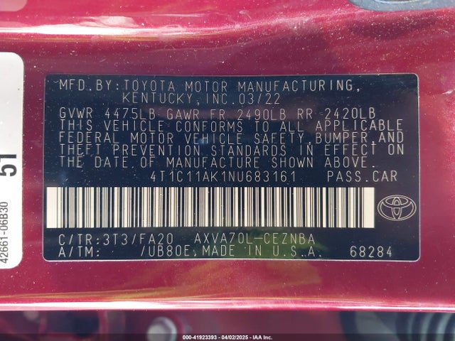 4T1C11AK1NU683161 Toyota CAMRY LE