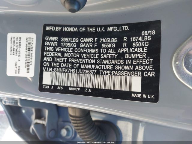 SHHFK7H91JU235377 Honda Civic Sport Touring