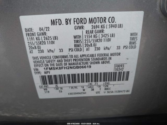 1FMSK8FH2NGB06619 Ford Explorer Limited