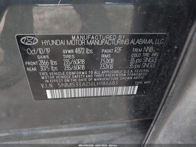 5NMS33AD6LH186683 Hyundai Santa Fe Sel