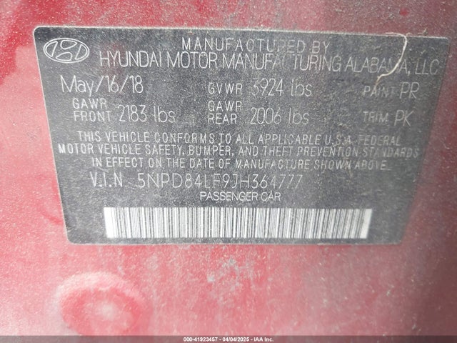 5NPD84LF9JH364777 Hyundai ELANTRA SEL
