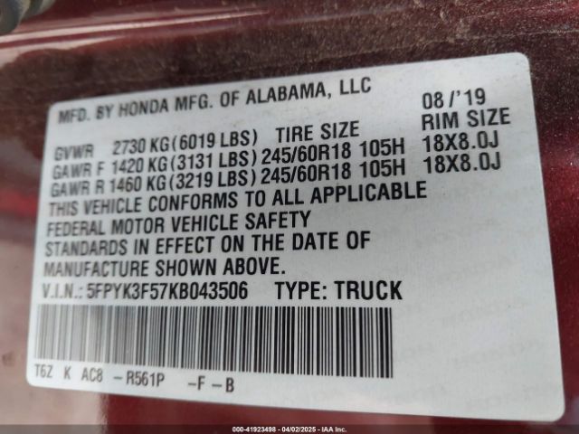 5FPYK3F57KB043506 Honda Ridgeline Rtl