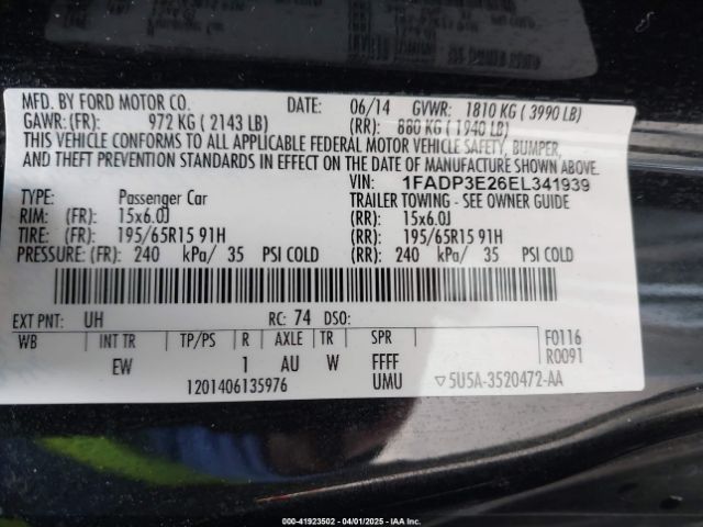 1FADP3E26EL341939 Ford FOCUS S