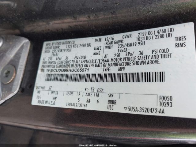 1FMCU0G99HUC65571 Ford ESCAPE SE