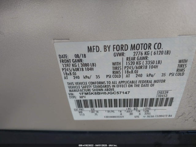 1FM5K8BH0JGC57147 Ford 2.3l gtdi