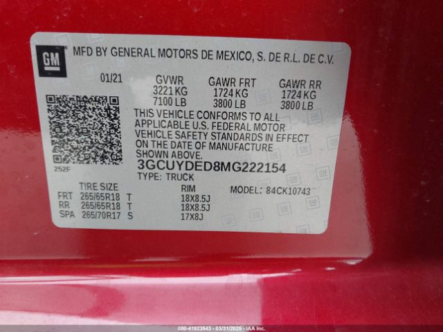 3GCUYDED8MG222154 Chevrolet Silverado 1500 4wd  Standard Bed Lt