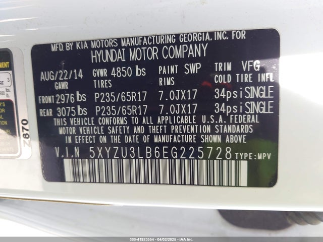 5XYZU3LB6EG225728 Hyundai Santa Fe Sport 2.4l