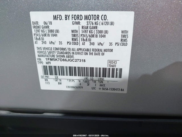 1FM5K7D86JGC27318 Ford EXPLORER XLT
