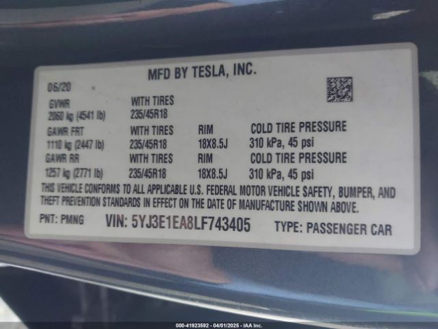 5YJ3E1EA8LF743405 Tesla Model 3 Standard Range Plus Rear-wheel Drive/standard Range Rear-wheel Drive