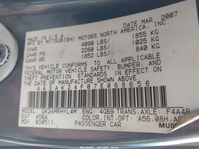 2007 MITSUBISHI ECLIPSE 4A3AK24F07E068656 Photo 8