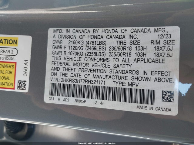 2HKRS3H72RH321171 Honda Cr-v Ex-l 2wd